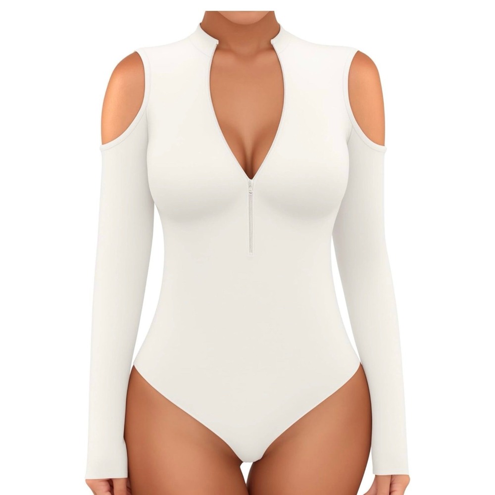 MANGOPOP‎ Long Sleeve Body Suit Mock Turtle Neck Zip Up Cold Shoulder Bodysuit